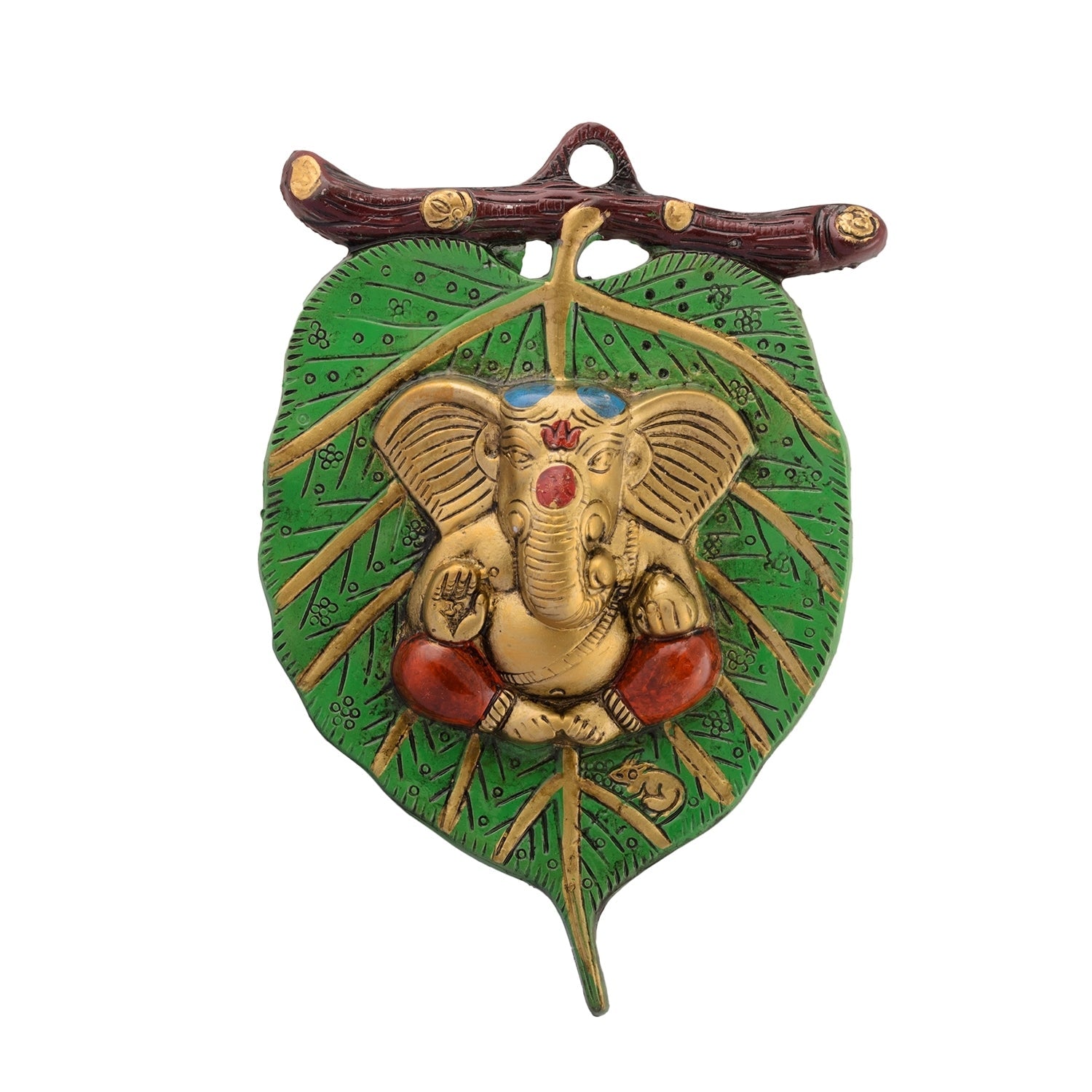Golden Metal Lord Ganesha in Red Dhoti on Green Leaf Wall Hanging Kafalo