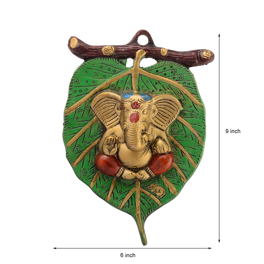 Golden Metal Lord Ganesha in Red Dhoti on Green Leaf Wall Hanging Kafalo
