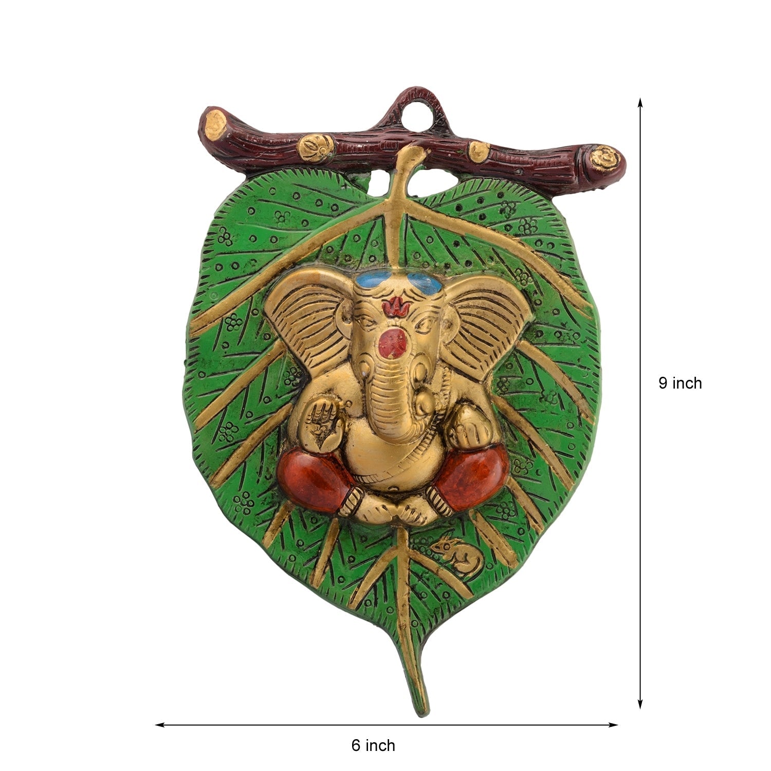 Golden Metal Lord Ganesha in Red Dhoti on Green Leaf Wall Hanging Kafalo