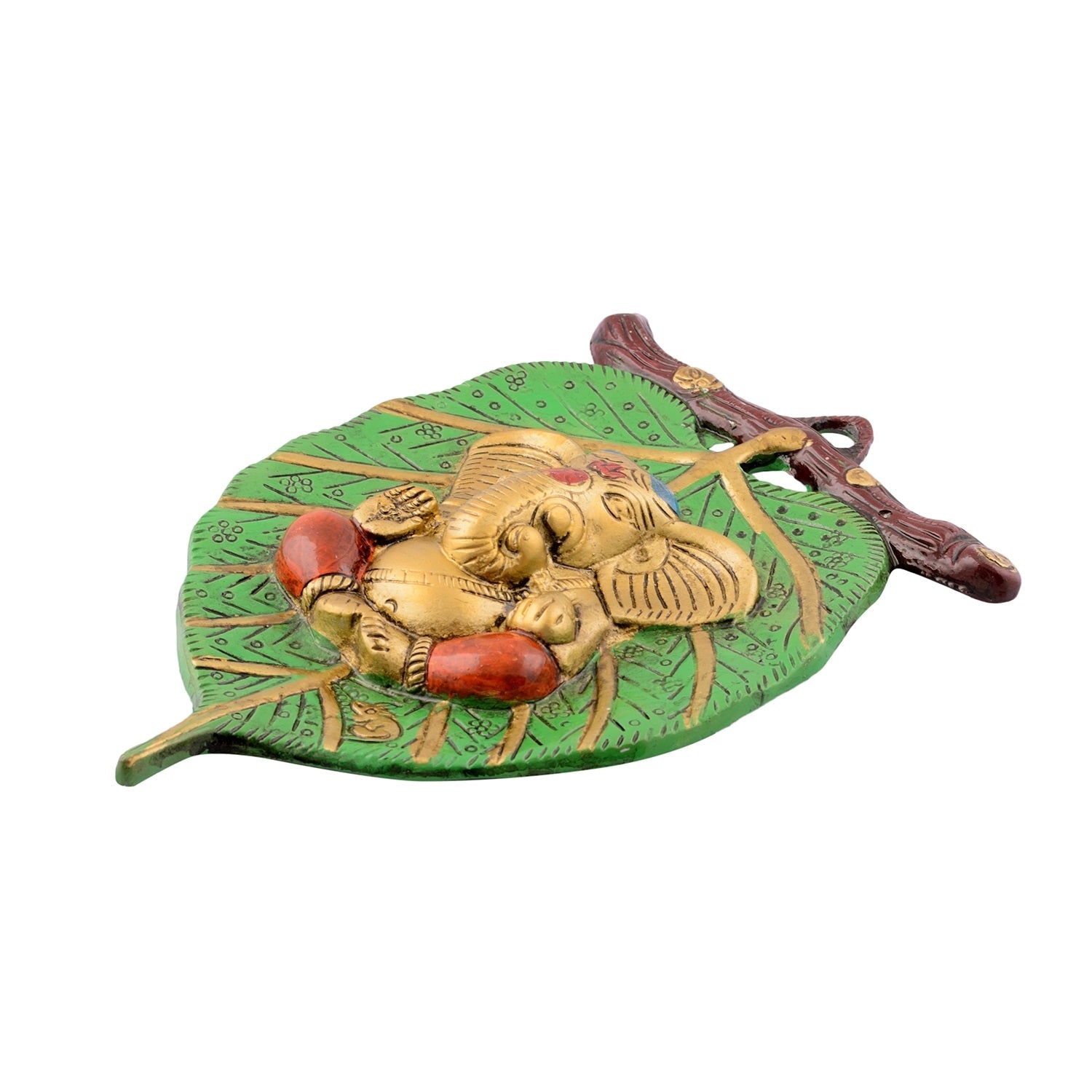 Golden Metal Lord Ganesha in Red Dhoti on Green Leaf Wall Hanging Kafalo