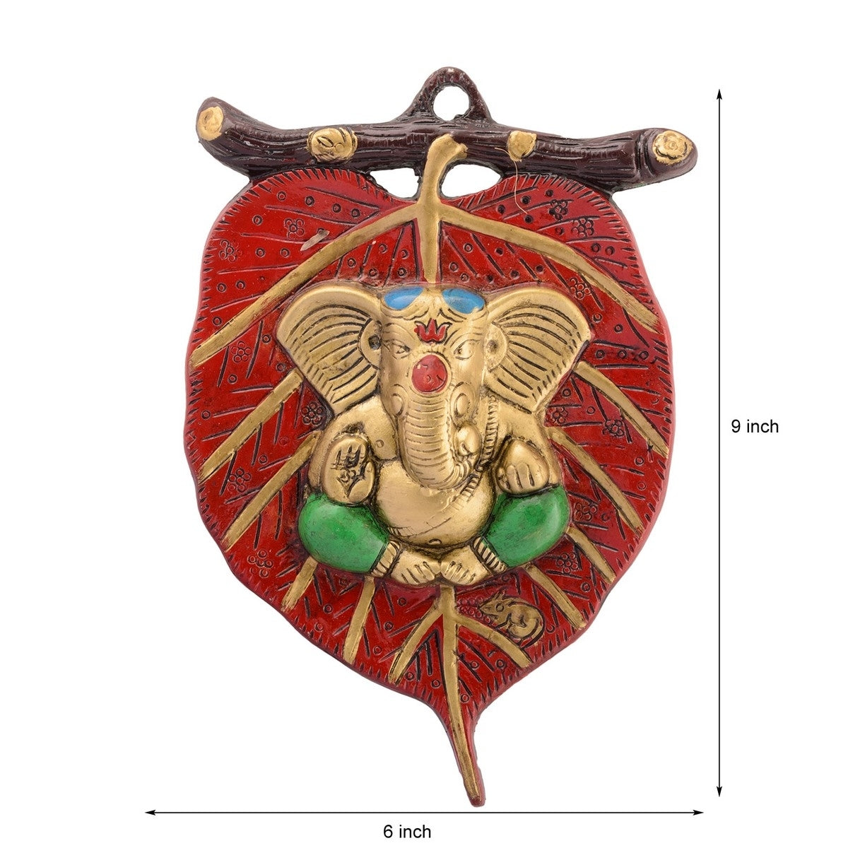 Golden Metal Lord Ganesha in Green Dhoti on Red Leaf Wall Hanging Kafalo