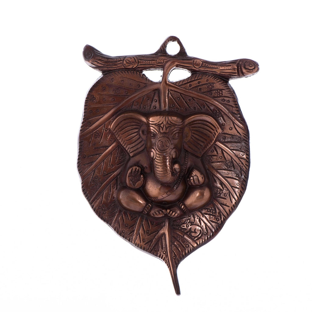 Brown Metal Lord Ganesha on Leaf wall hanging Kafalo