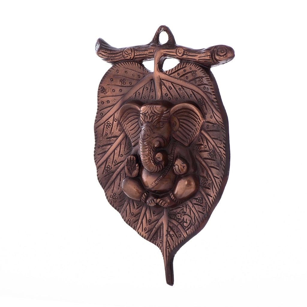 Brown Metal Lord Ganesha on Leaf wall hanging Kafalo