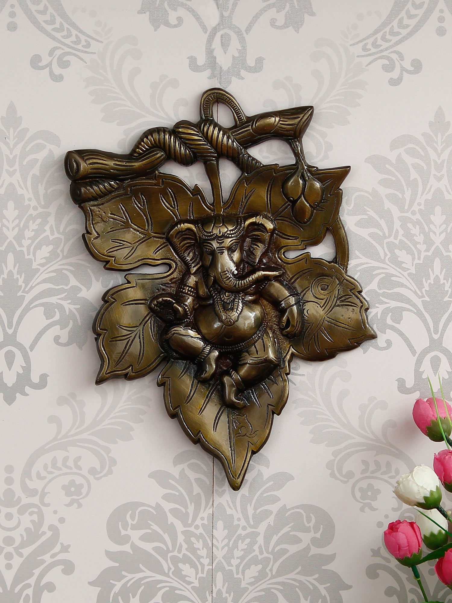 Antique Finish Lord Ganesha On Creative Leaf Metal Wall Hanging Kafalo