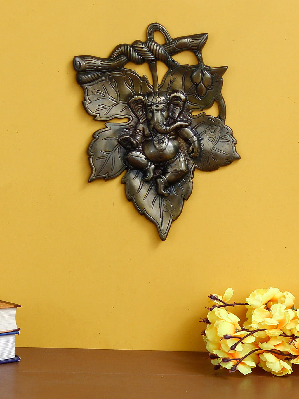 Antique Finish Lord Ganesha On Creative Leaf Metal Wall Hanging Kafalo