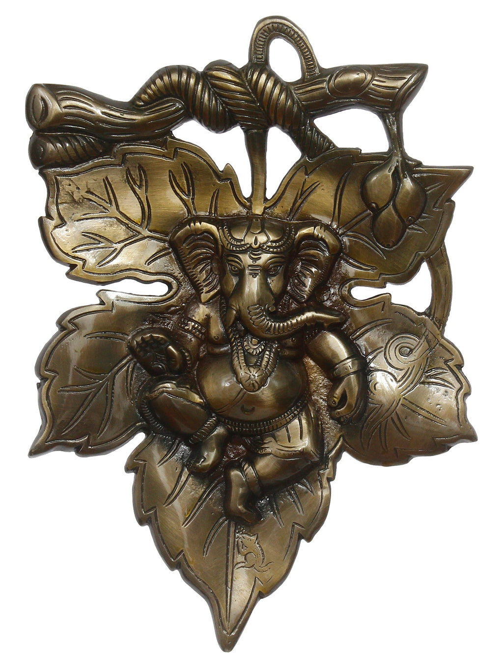Antique Finish Lord Ganesha On Creative Leaf Metal Wall Hanging Kafalo