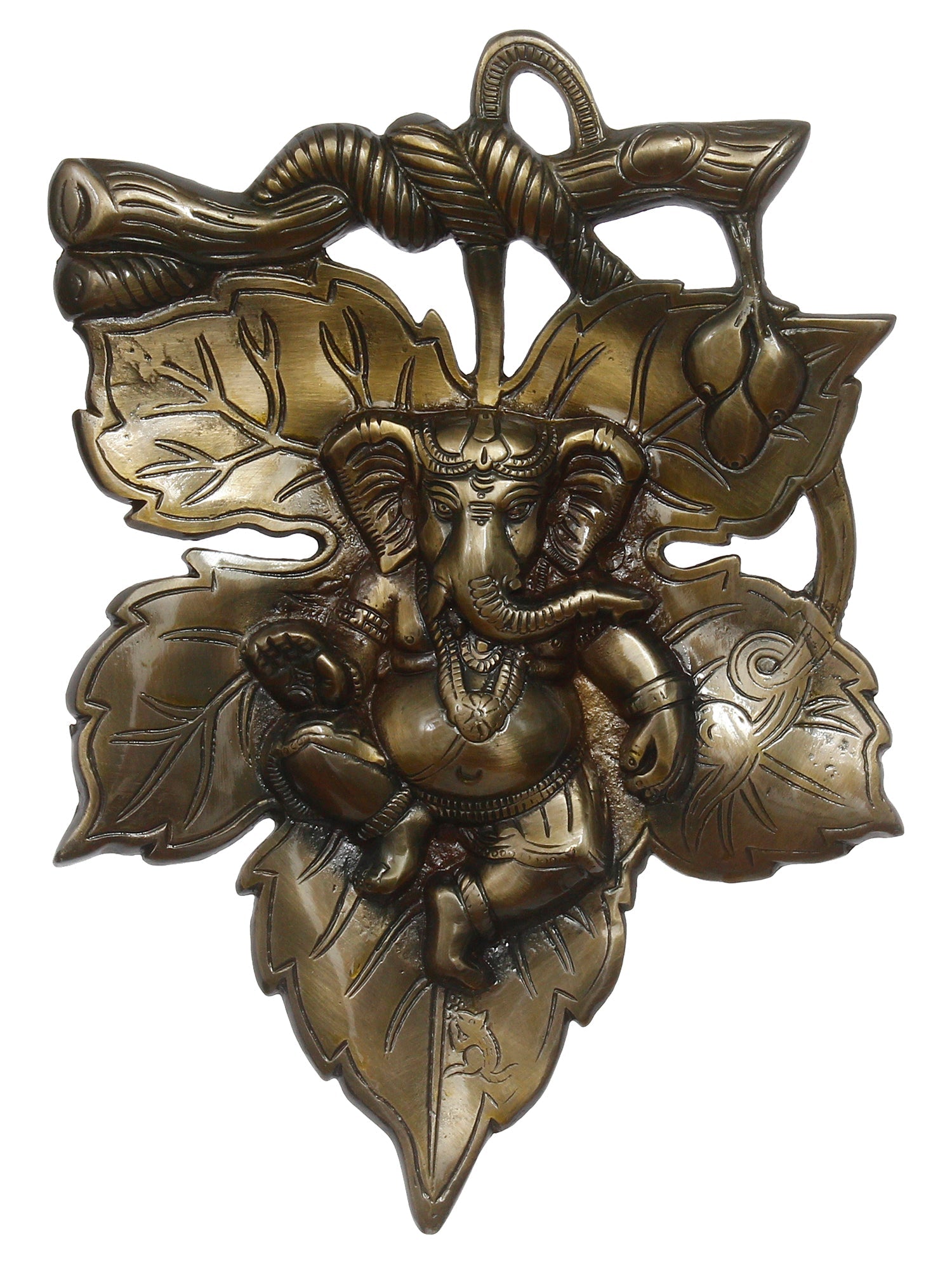 Antique Finish Lord Ganesha On Creative Leaf Metal Wall Hanging Kafalo