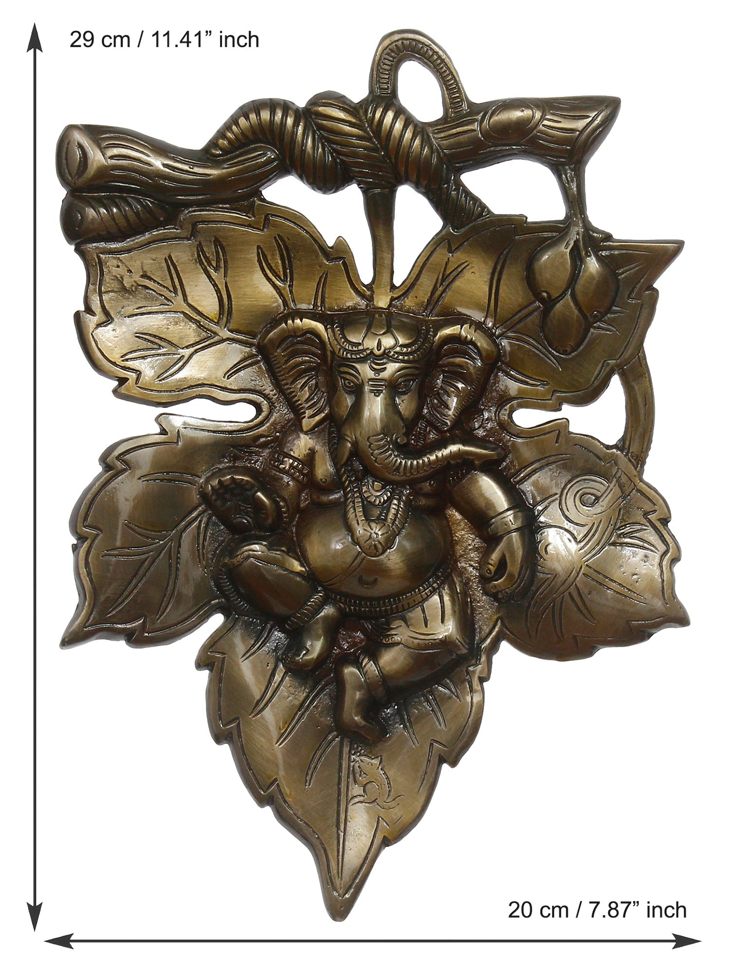 Antique Finish Lord Ganesha On Creative Leaf Metal Wall Hanging Kafalo
