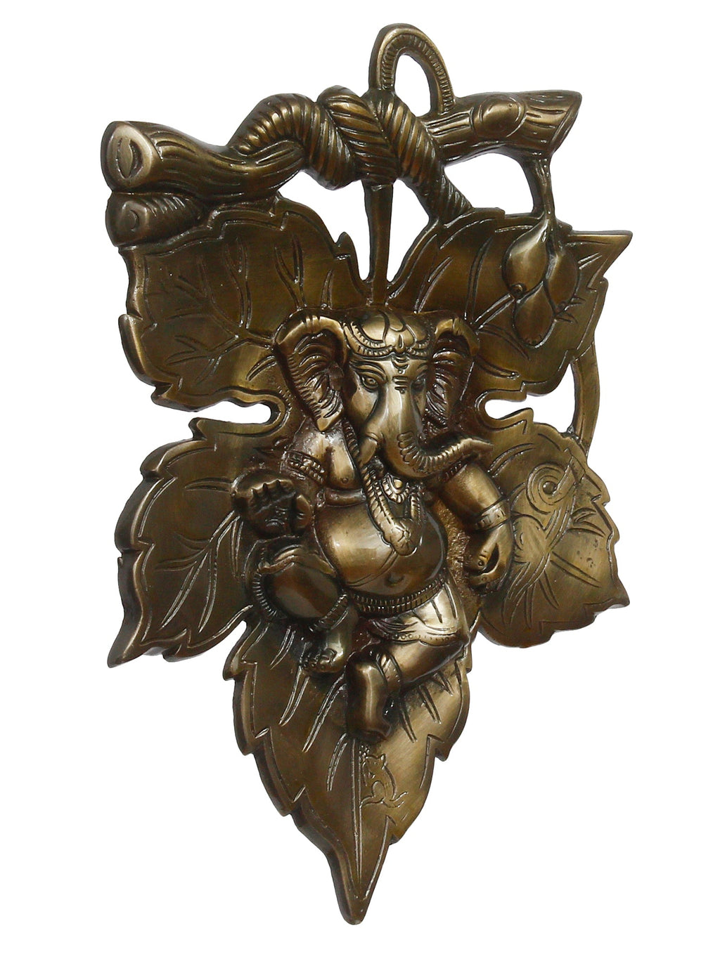 Antique Finish Lord Ganesha On Creative Leaf Metal Wall Hanging Kafalo