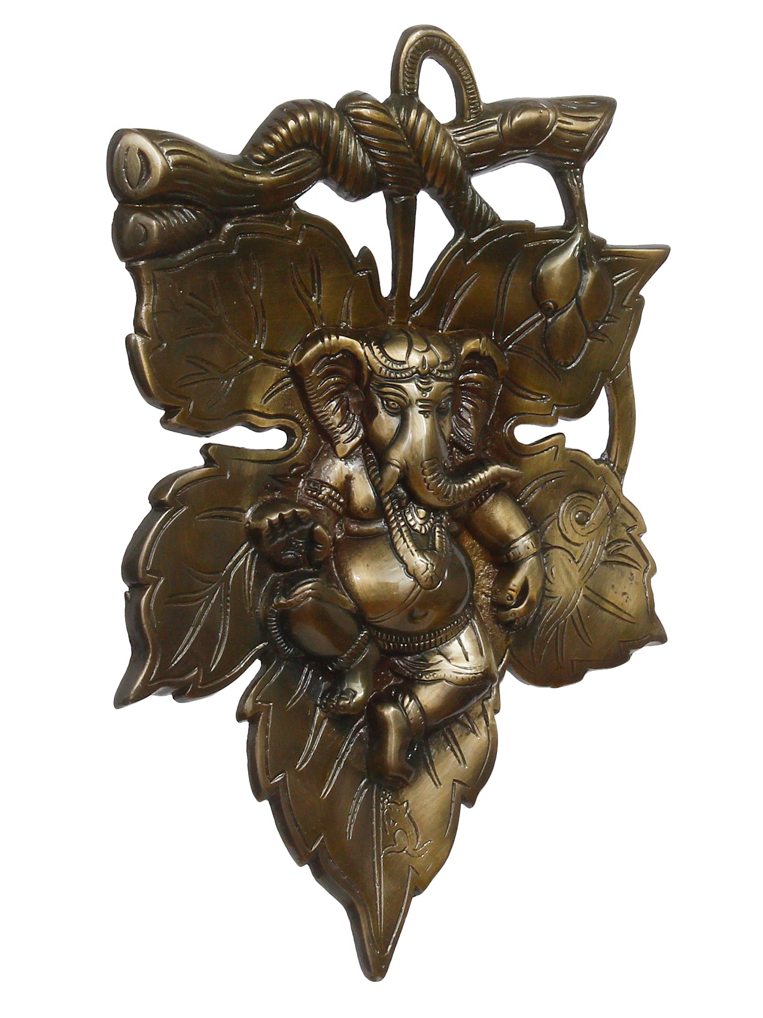Antique Finish Lord Ganesha On Creative Leaf Metal Wall Hanging Kafalo