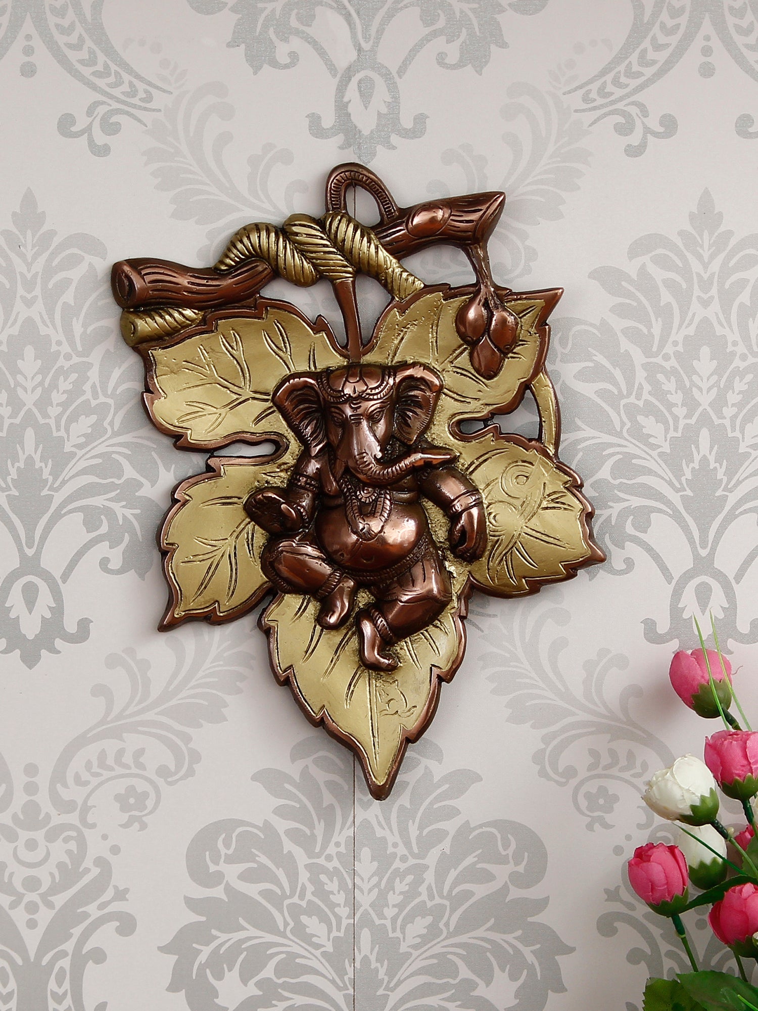 Golden Finish Lord Ganesha On Creative Leaf Metal Wall Hanging Kafalo