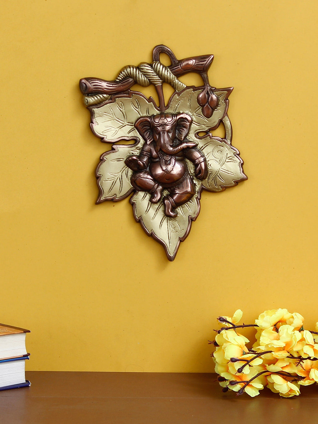 Golden Finish Lord Ganesha On Creative Leaf Metal Wall Hanging Kafalo