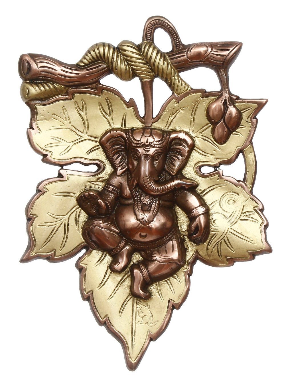 Golden Finish Lord Ganesha On Creative Leaf Metal Wall Hanging Kafalo