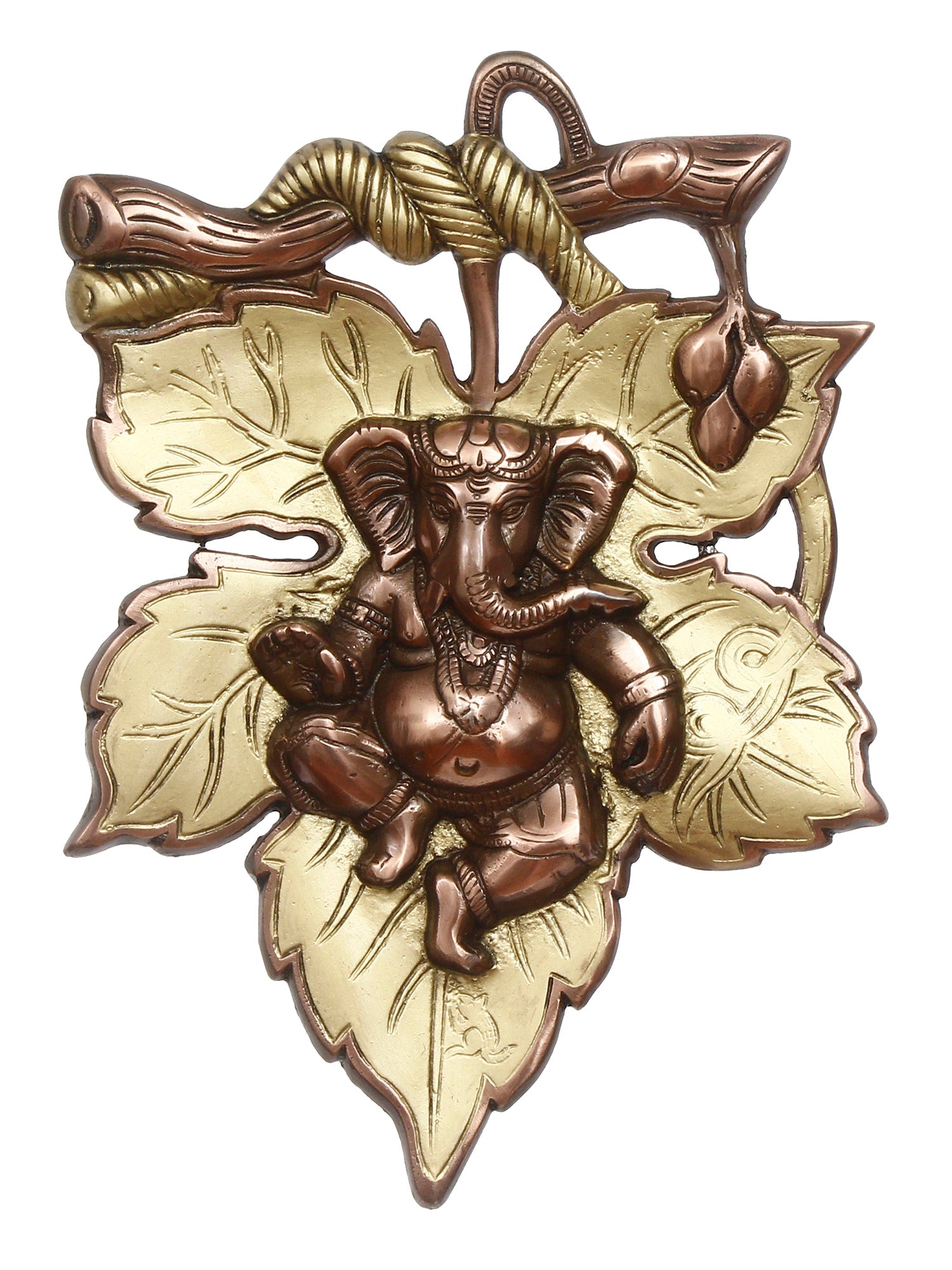 Golden Finish Lord Ganesha On Creative Leaf Metal Wall Hanging Kafalo