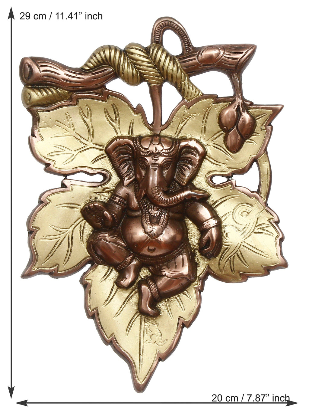 Golden Finish Lord Ganesha On Creative Leaf Metal Wall Hanging Kafalo