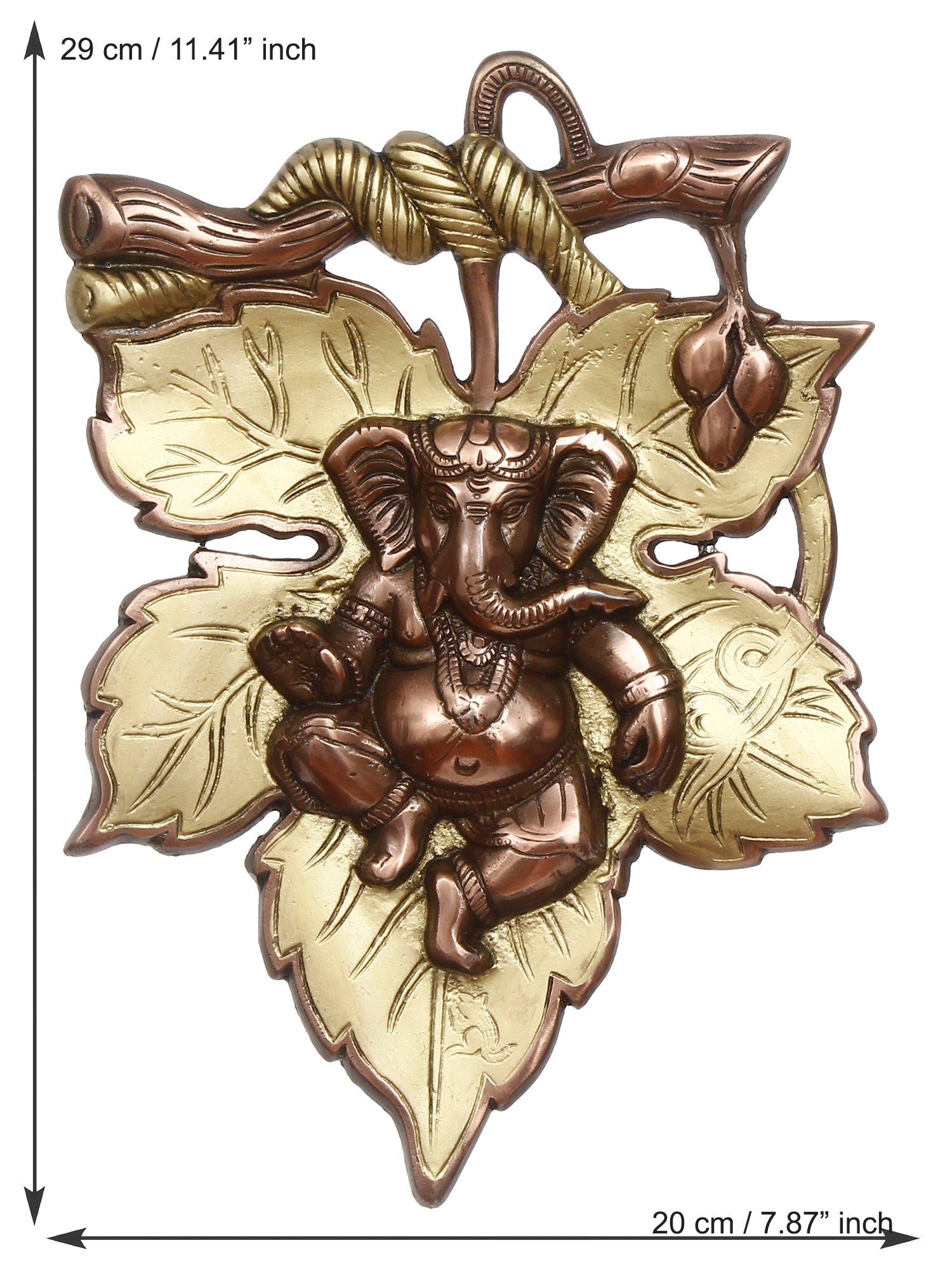Golden Finish Lord Ganesha On Creative Leaf Metal Wall Hanging Kafalo
