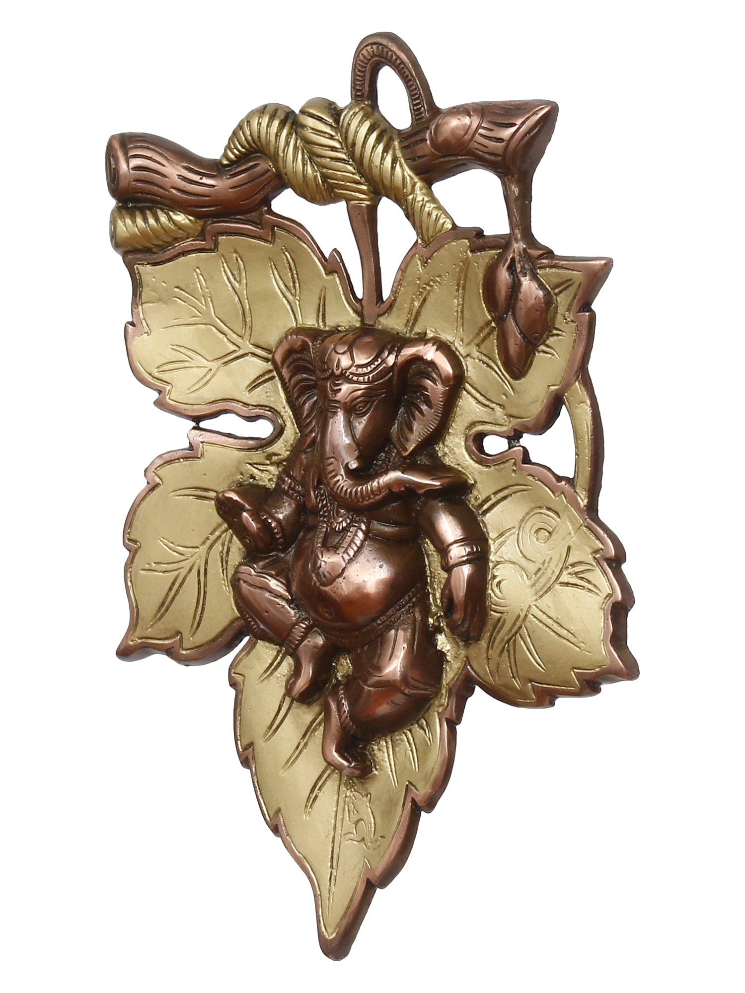 Golden Finish Lord Ganesha On Creative Leaf Metal Wall Hanging Kafalo