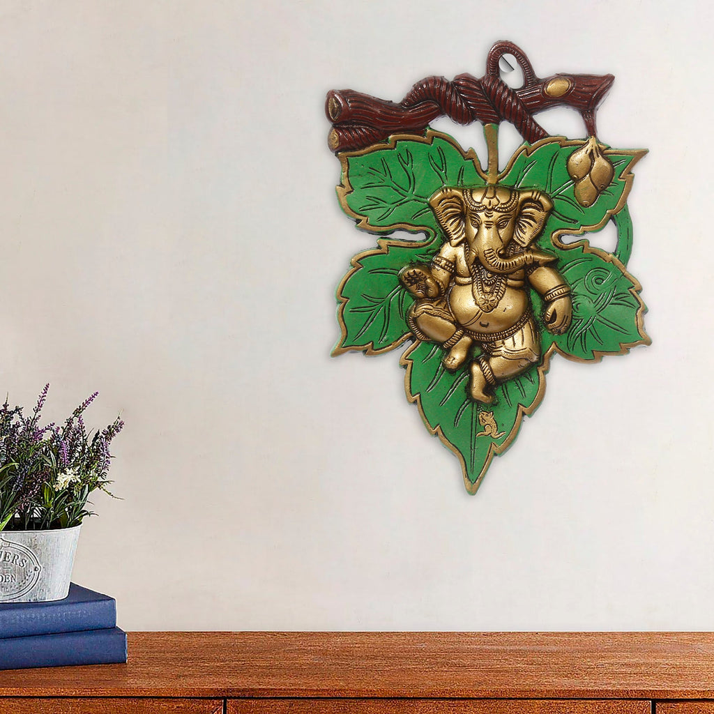 Dancing Golden Lord Ganesha on Green Leaf Metal Wall Hanging Kafalo