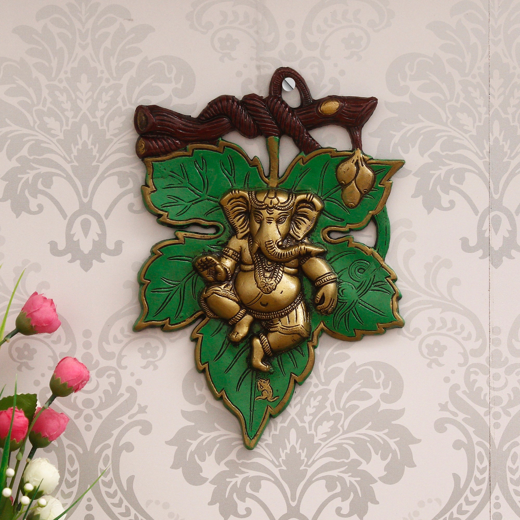 Dancing Golden Lord Ganesha on Green Leaf Metal Wall Hanging Kafalo