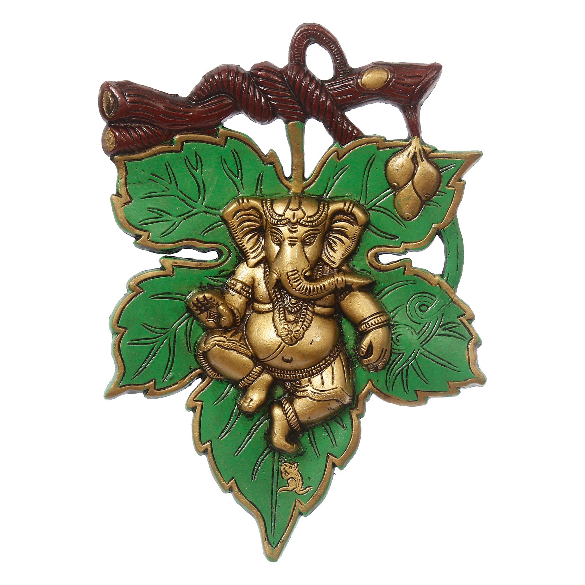 Dancing Golden Lord Ganesha on Green Leaf Metal Wall Hanging Kafalo