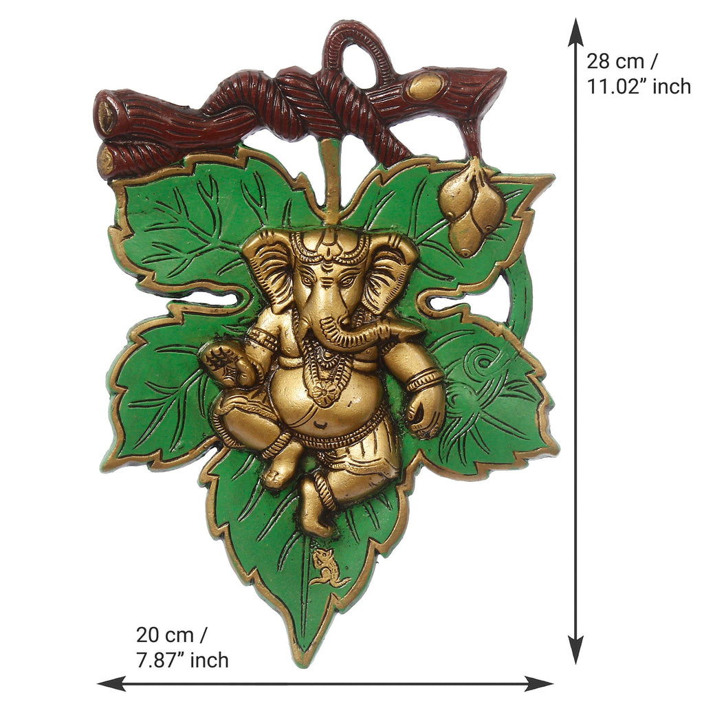 Dancing Golden Lord Ganesha on Green Leaf Metal Wall Hanging Kafalo