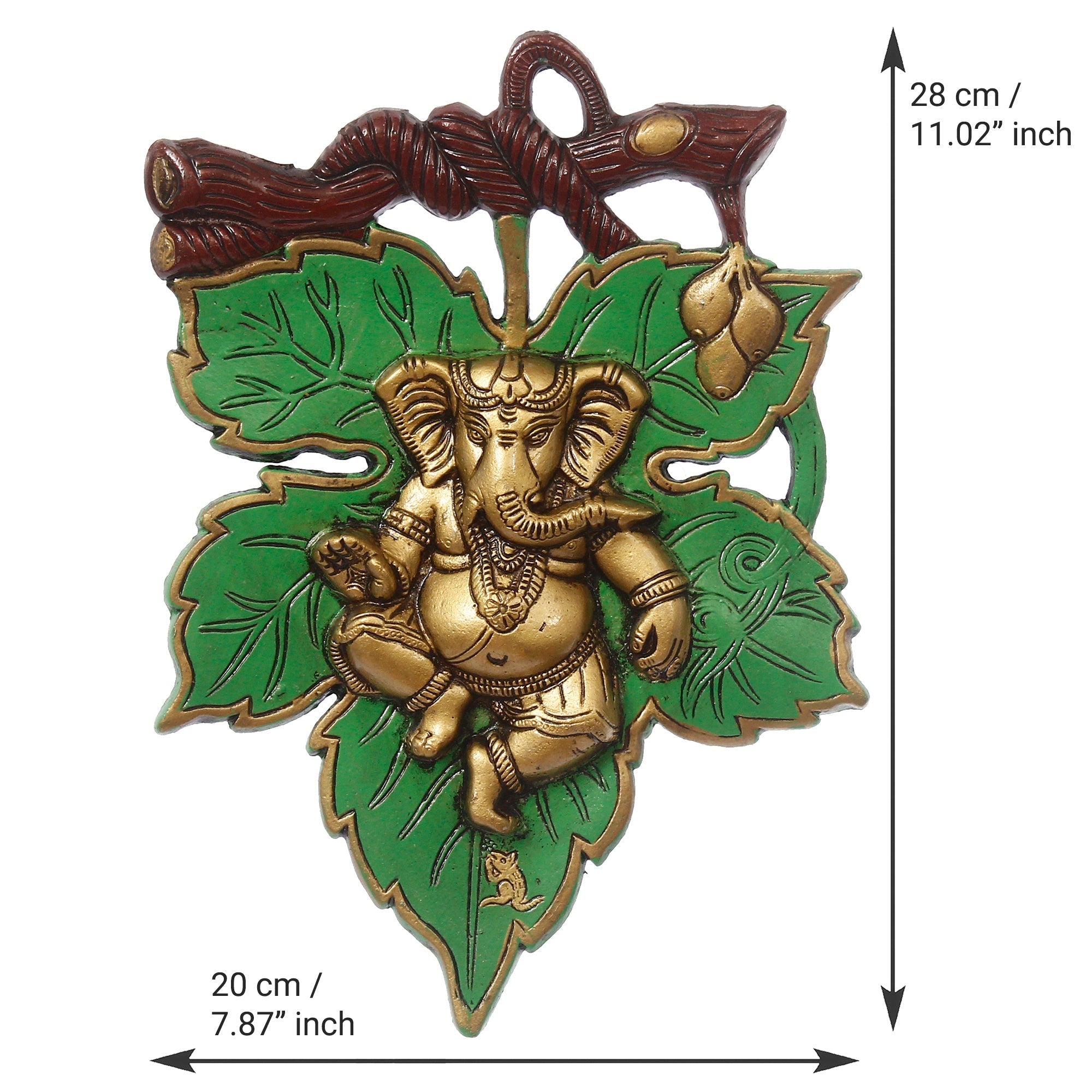 Dancing Golden Lord Ganesha on Green Leaf Metal Wall Hanging Kafalo
