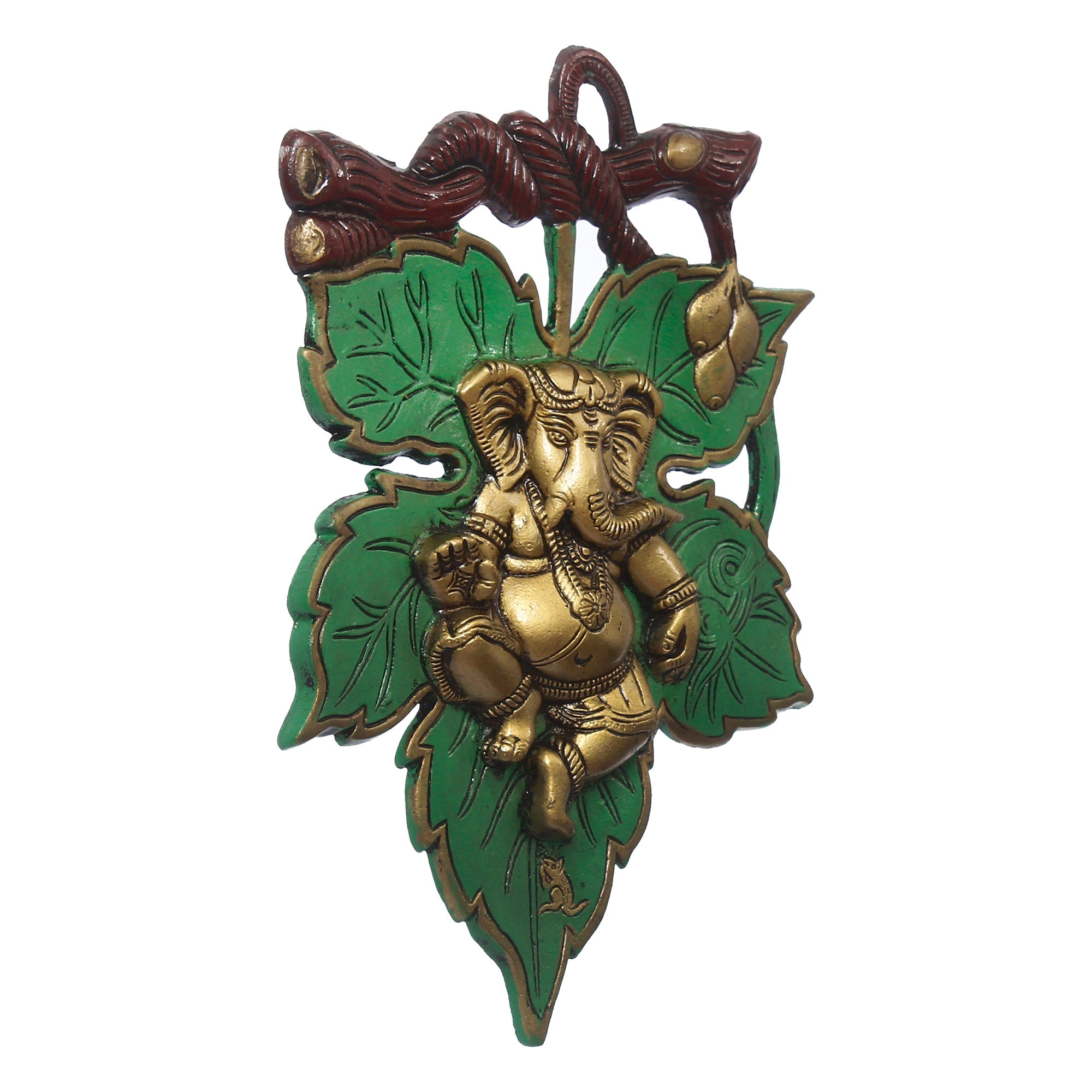 Dancing Golden Lord Ganesha on Green Leaf Metal Wall Hanging Kafalo