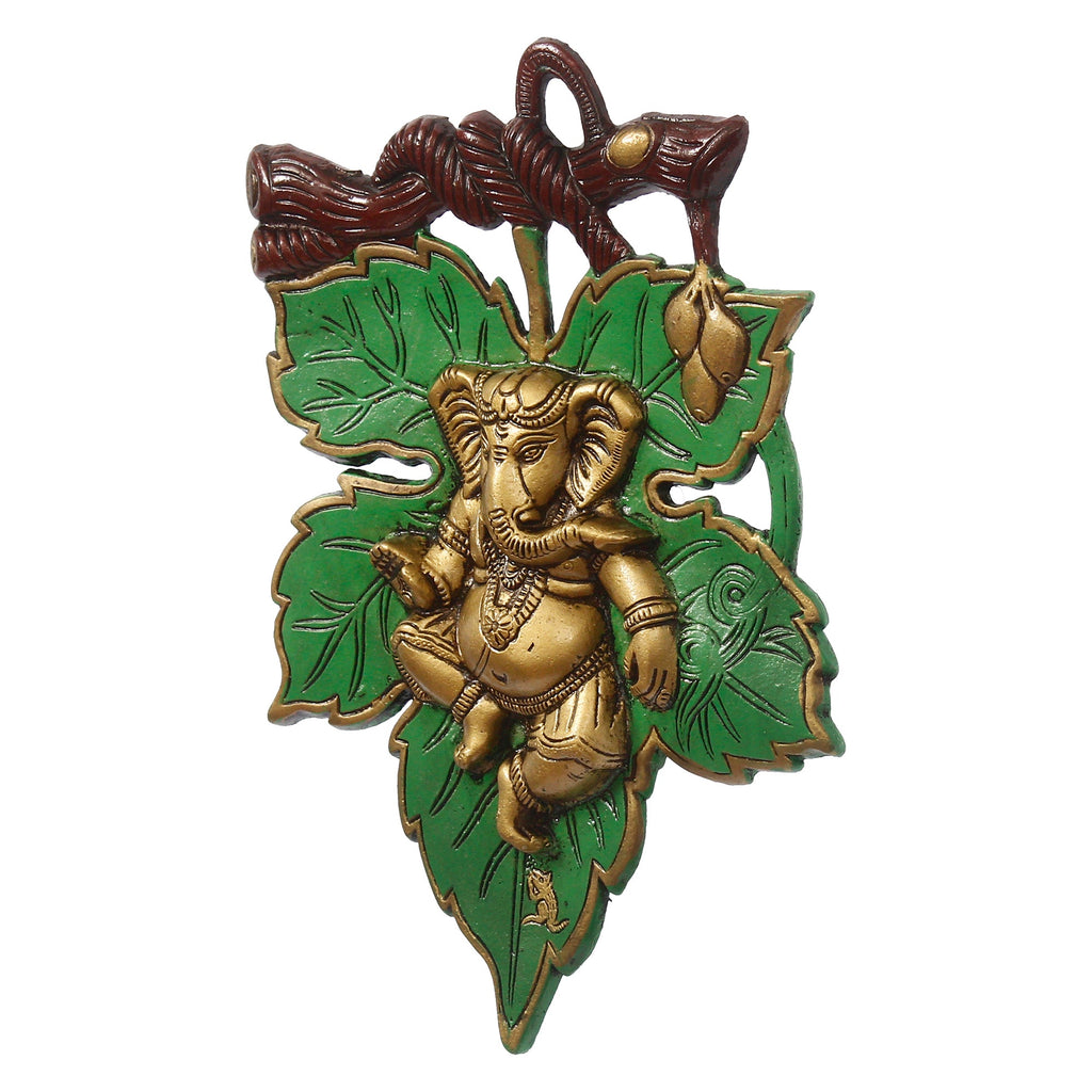 Dancing Golden Lord Ganesha on Green Leaf Metal Wall Hanging Kafalo