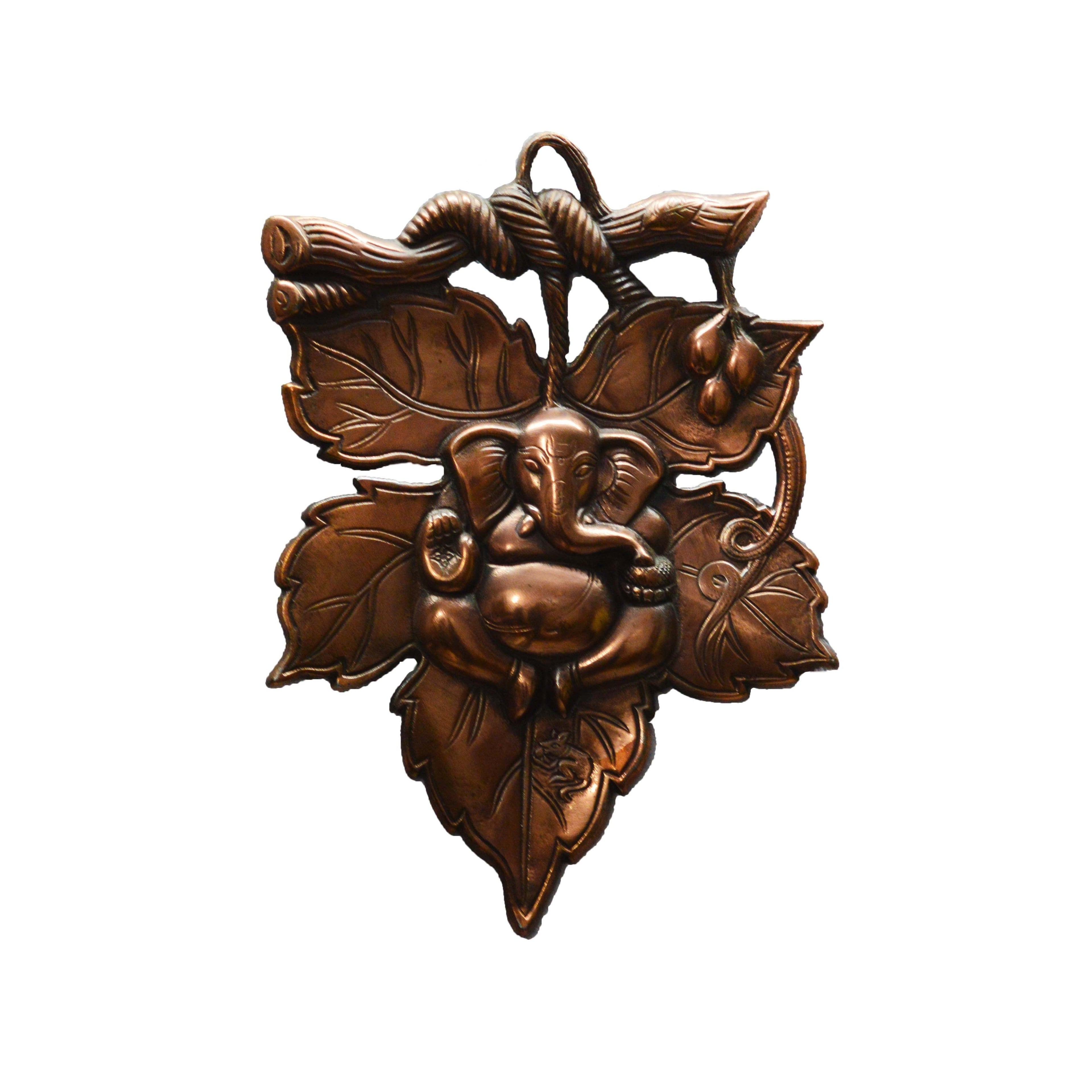 Copper Metal Lord Ganesha on Leaf wall hanging Kafalo