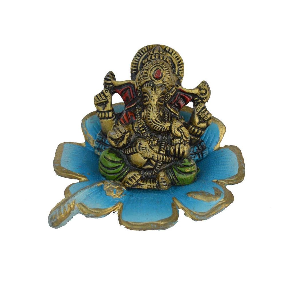 Metal Lord Ganesha Statue On Sky Blue Leaf Kafalo