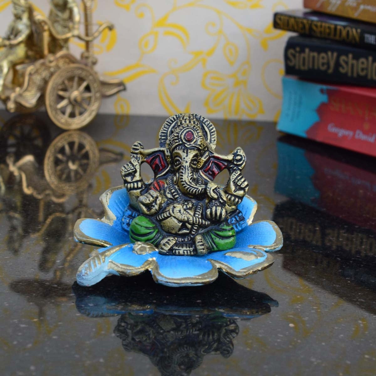 Metal Lord Ganesha Statue On Sky Blue Leaf Kafalo