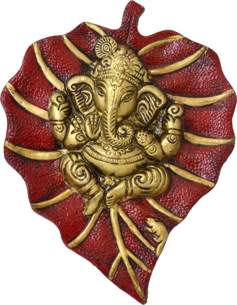 Golden Metal Lord Ganesha on Red Leaf wall hanging Kafalo