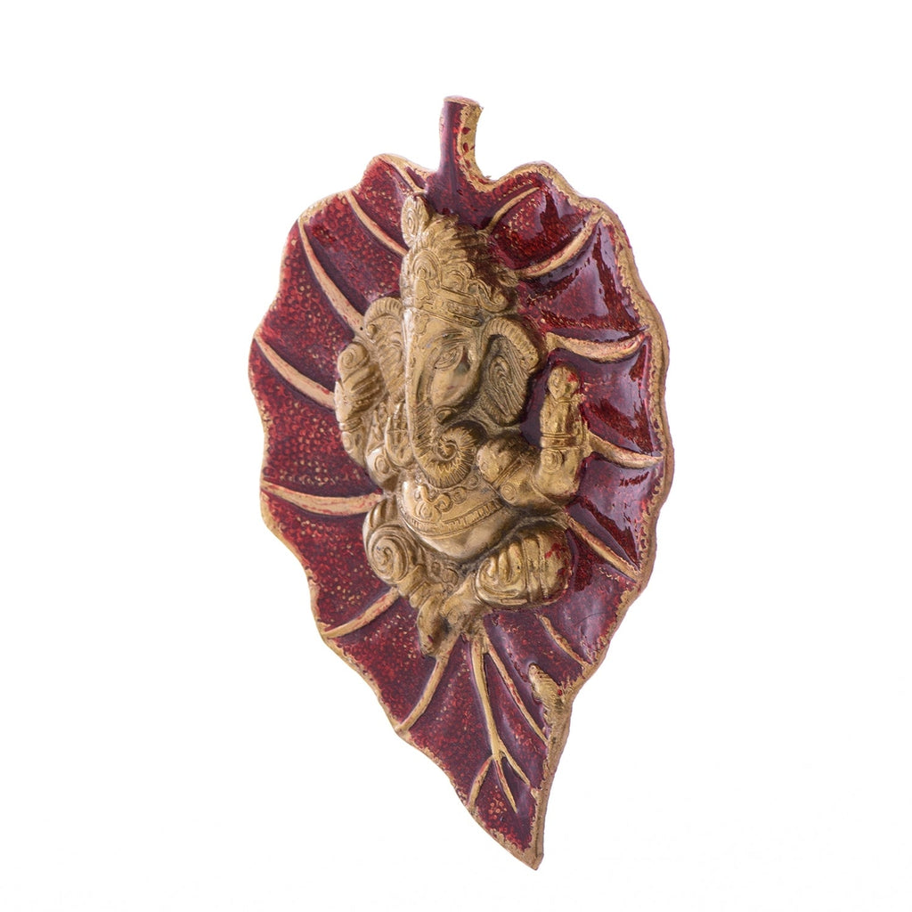 Golden Metal Lord Ganesha on Red Leaf wall hanging Kafalo