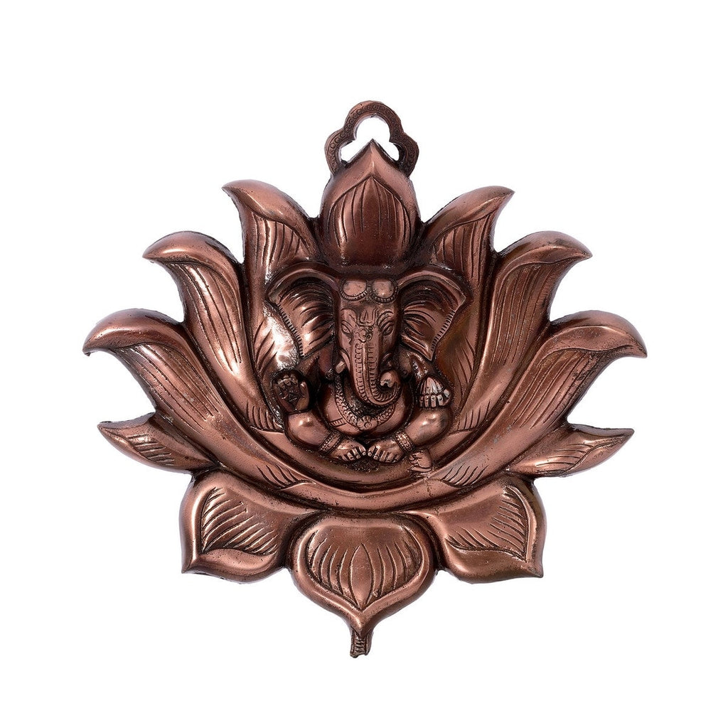 Brown Metal Lord Ganesha on Lotus Wall Hanging Kafalo