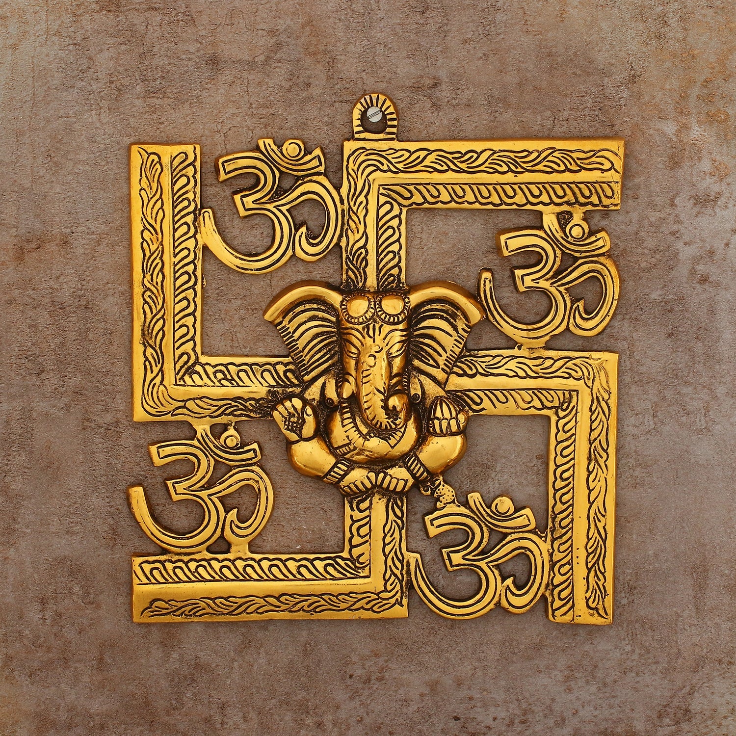 Golden Lord Ganesha on Om Swastik Metal Wall Hanging Kafalo