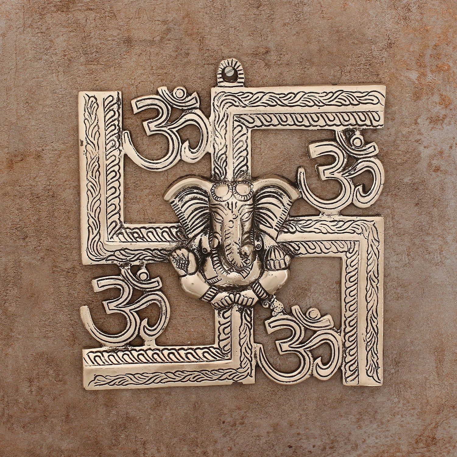 Silver Lord Ganesha on Om Swastik Metal Wall Hanging Kafalo