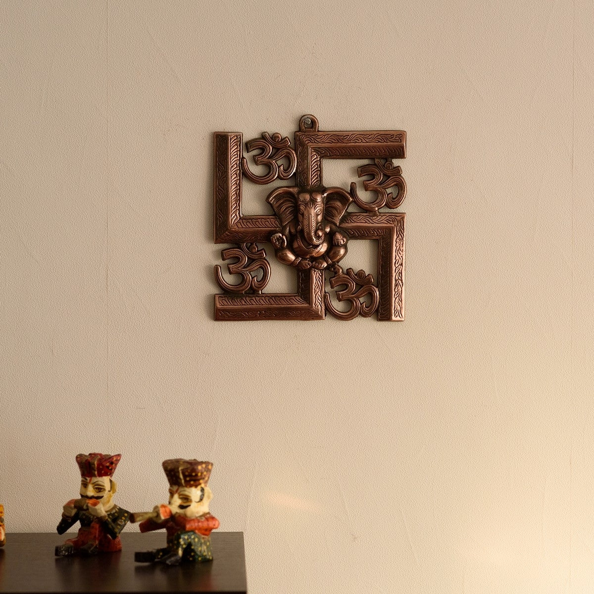Brown Lord Ganesha on Om Swastik Metal Wall Hanging Kafalo