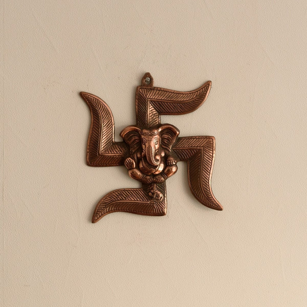 Brown Lord Ganesha on Swastik Metal Wall Hanging Kafalo