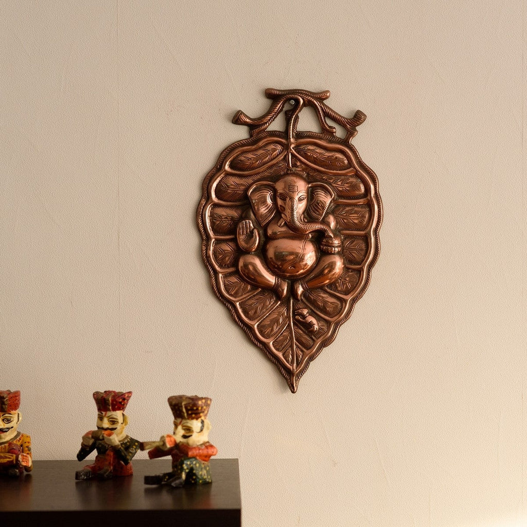 Brown Lord Ganesha on Leaf Metal Wall Hanging Kafalo