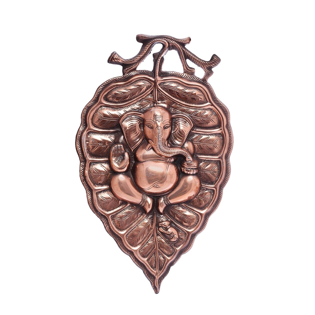 Brown Lord Ganesha on Leaf Metal Wall Hanging Kafalo