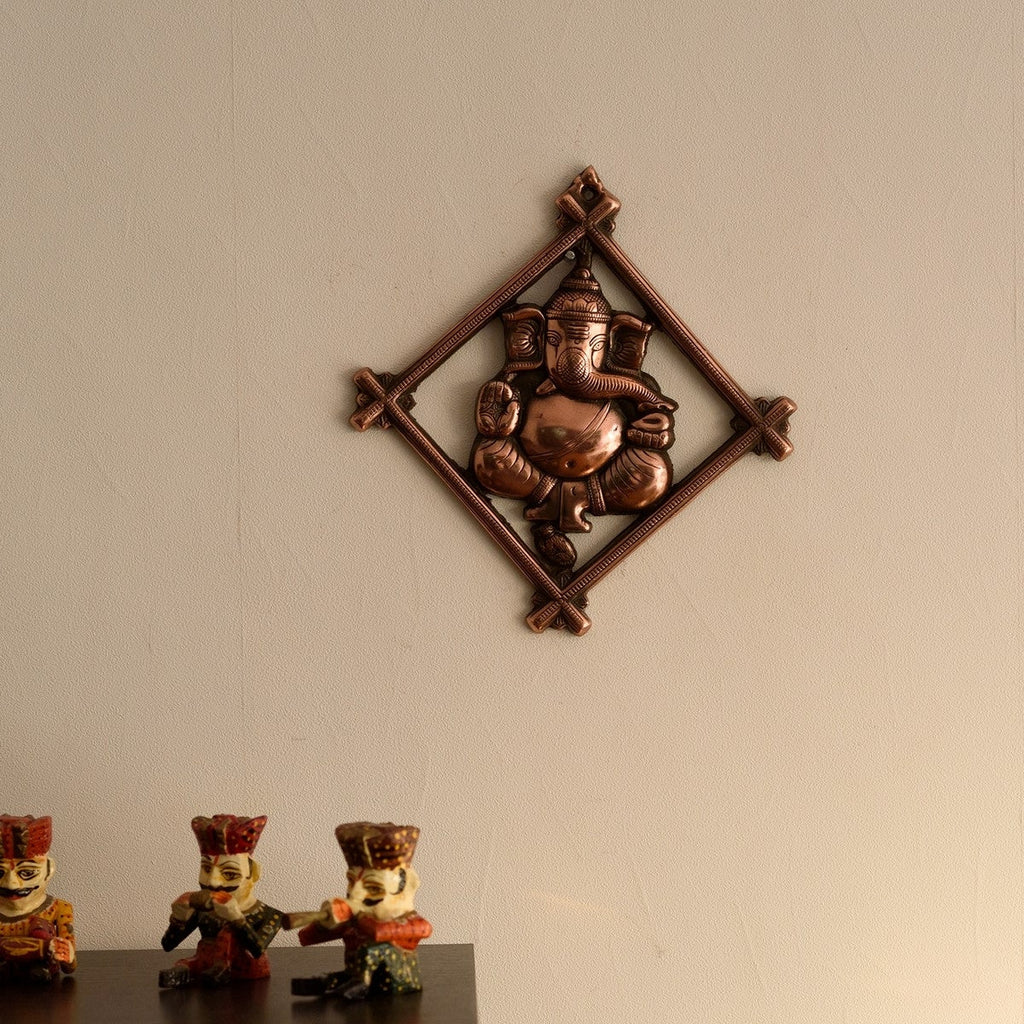 Brown Lord Ganesha on Rhombus Frame Metal Wall Hanging Kafalo