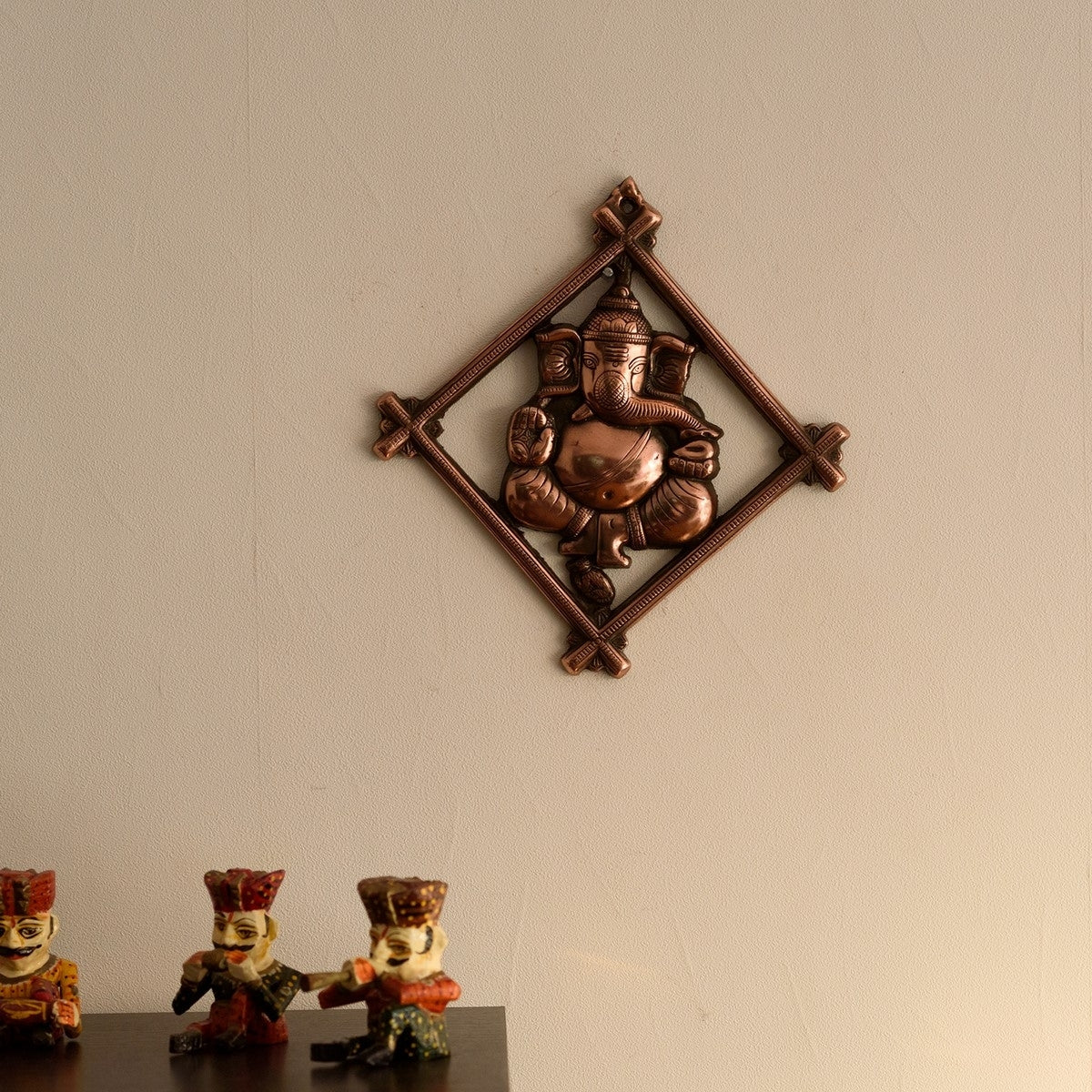 Brown Lord Ganesha on Rhombus Frame Metal Wall Hanging Kafalo