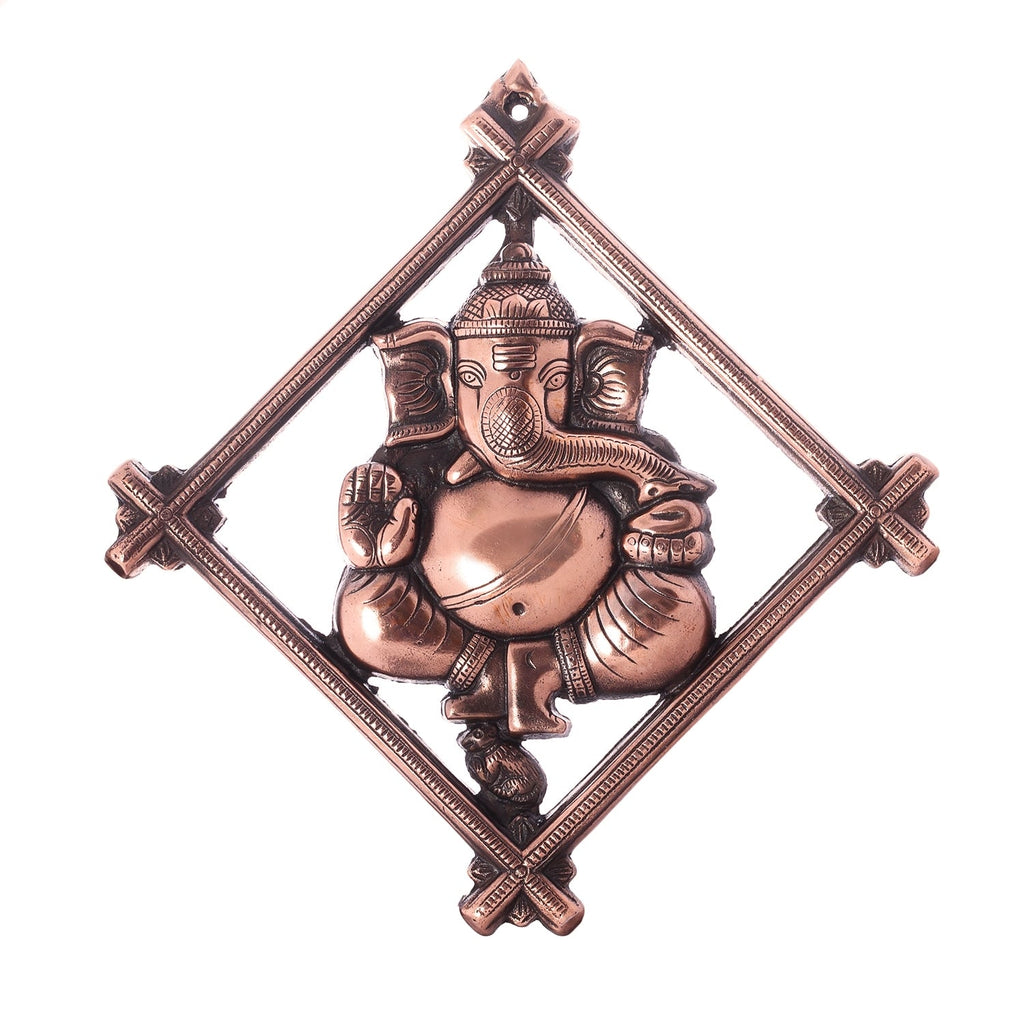 Brown Lord Ganesha on Rhombus Frame Metal Wall Hanging Kafalo