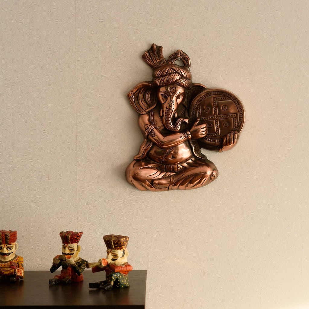 Brown Phagdi Lord Ganesha Playing Tambourine/Dafli Musical Instrument Metal Wall Hanging Kafalo