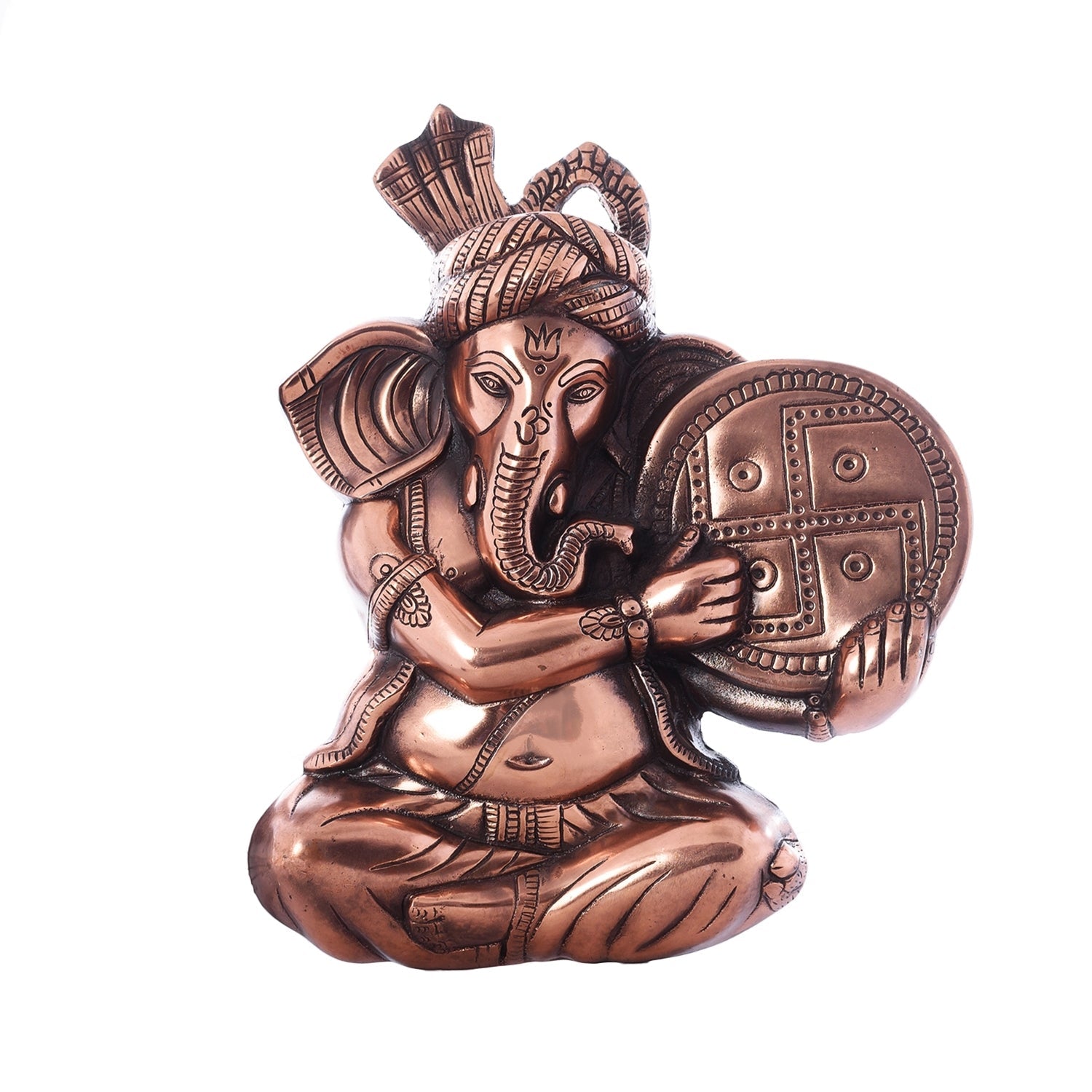 Brown Phagdi Lord Ganesha Playing Tambourine/Dafli Musical Instrument Metal Wall Hanging Kafalo