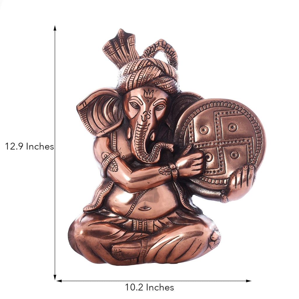 Brown Phagdi Lord Ganesha Playing Tambourine/Dafli Musical Instrument Metal Wall Hanging Kafalo