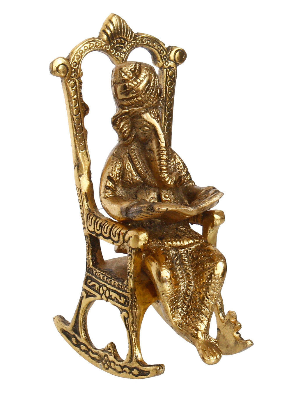 Golden Metal Lord Ganesha Idol Reading Book on Rocking Chair Kafalo