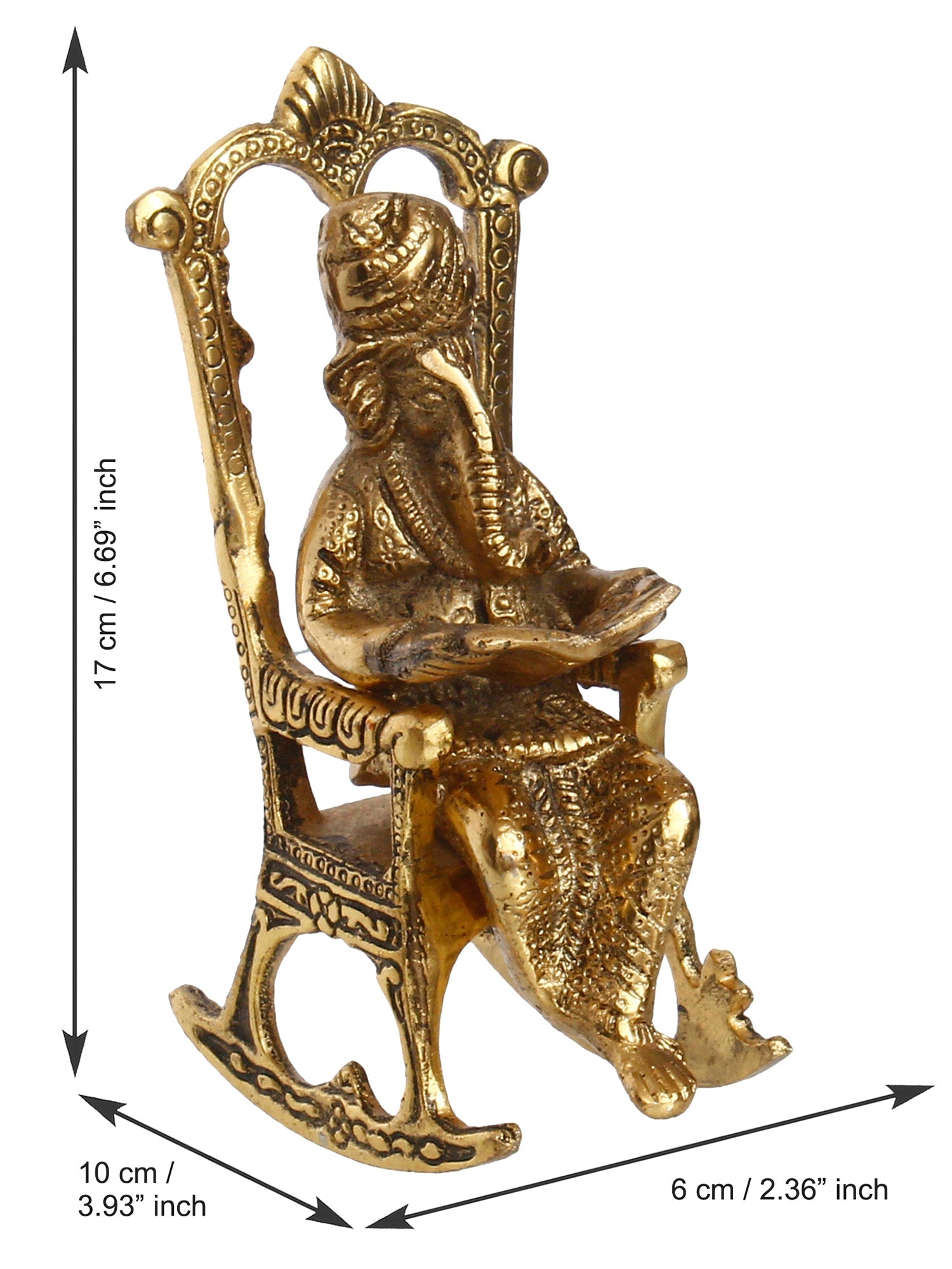 Golden Metal Lord Ganesha Idol Reading Book on Rocking Chair Kafalo