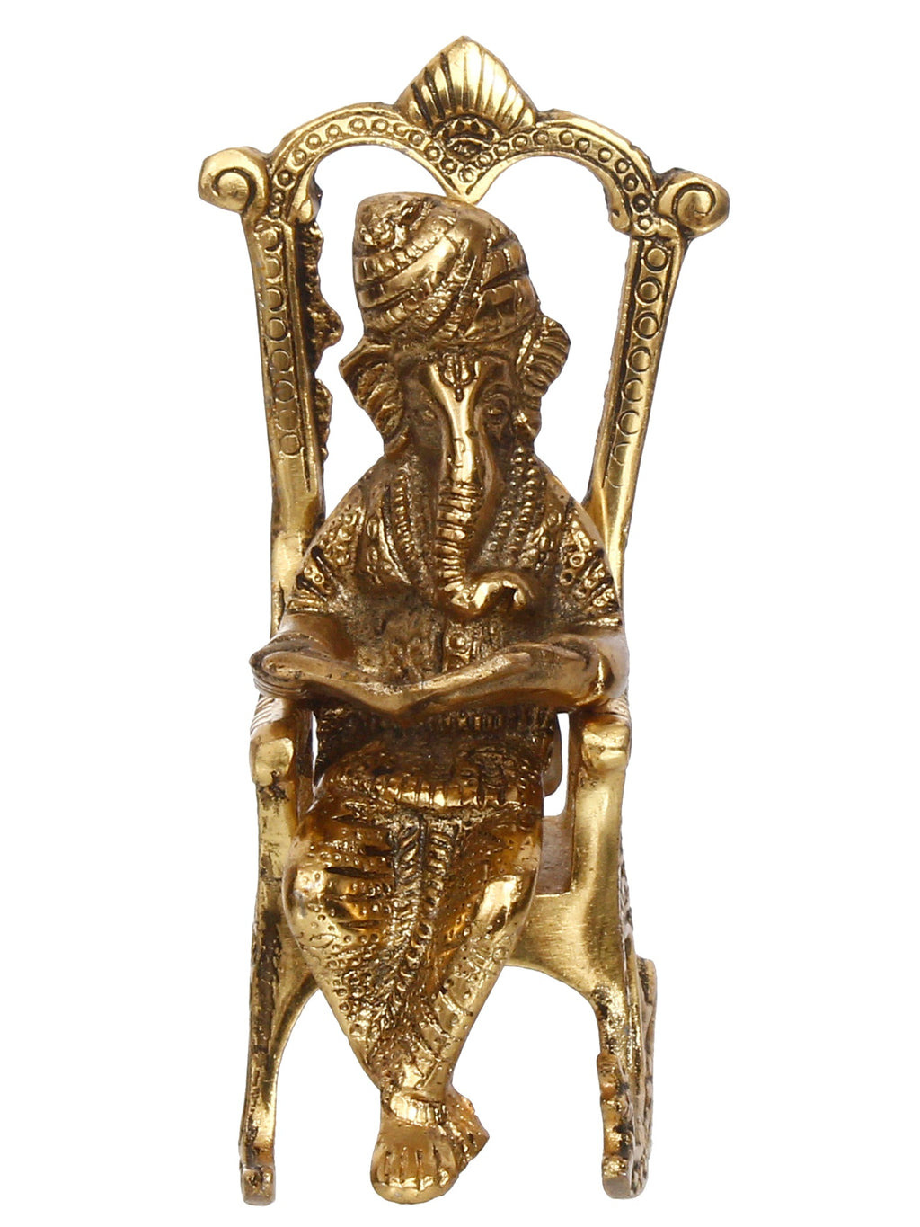 Golden Metal Lord Ganesha Idol Reading Book on Rocking Chair Kafalo