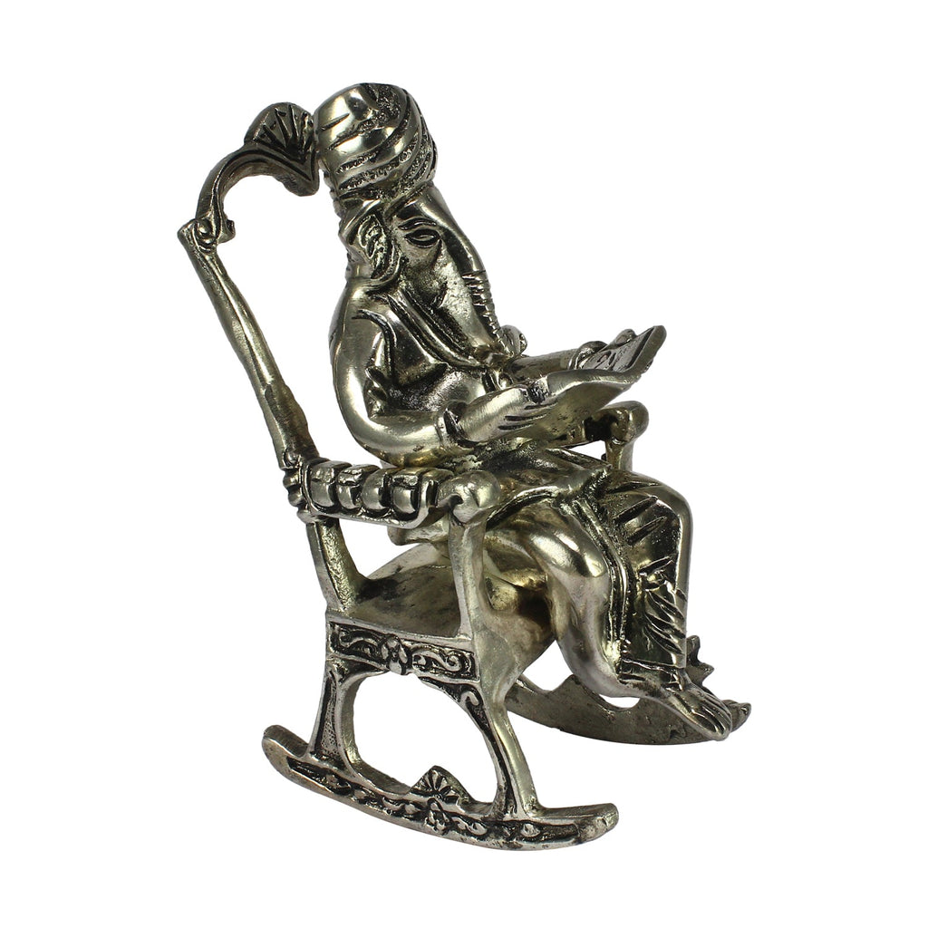 Silver Metal Lord Ganesha Idol Reading Book on Rocking Chair Kafalo